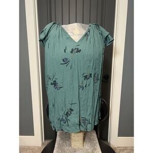 A New Day V-Neck Cap Sleeve Green Floral Top Size 2x